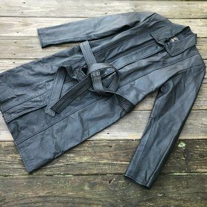 Women Jacket Genuine Leather Jacket Long Winter Coat Black W/ Belt Size M Read